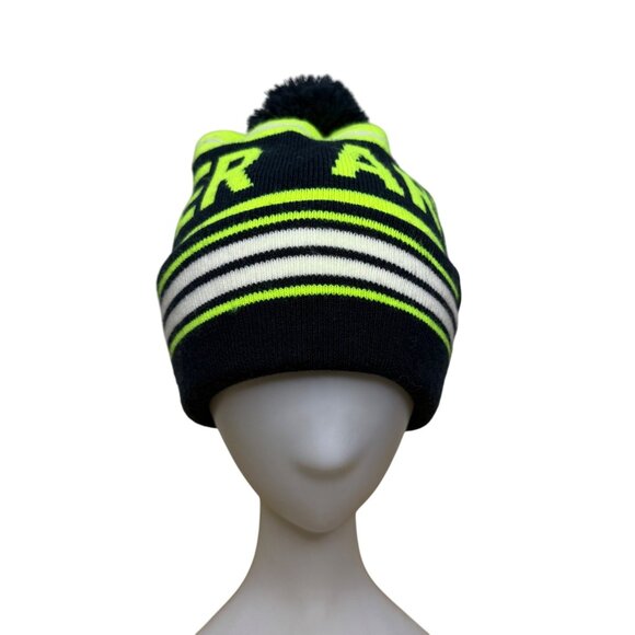 Under Armour Unisex Navy Neon Green Knit Pom Beanie Hat One Size Warm Striped OS - Picture 1 of 8